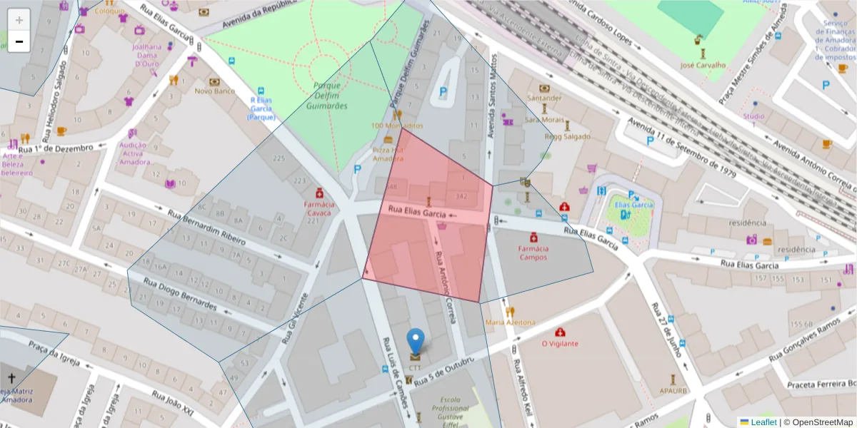 Mapa detalhado do código postal 2700-234 com limites, códigos postais vizinhos e agências dos correios