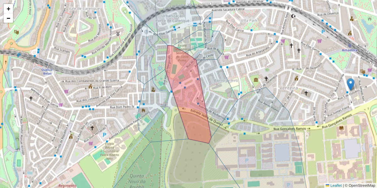 Mapa detalhado do código postal 2700-248 com limites, códigos postais vizinhos e agências dos correios