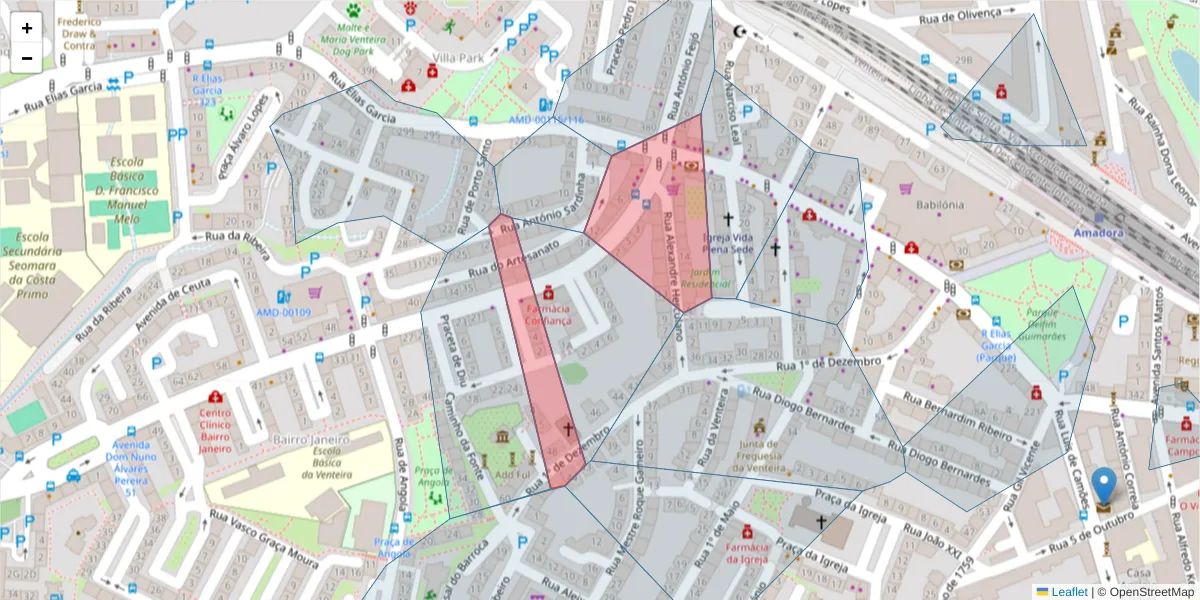 Mapa detalhado do código postal 2700-256 com limites, códigos postais vizinhos e agências dos correios