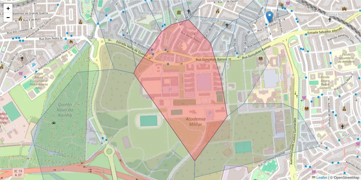 Mapa detalhado do código postal 2700-261 com limites, códigos postais vizinhos e agências dos correios