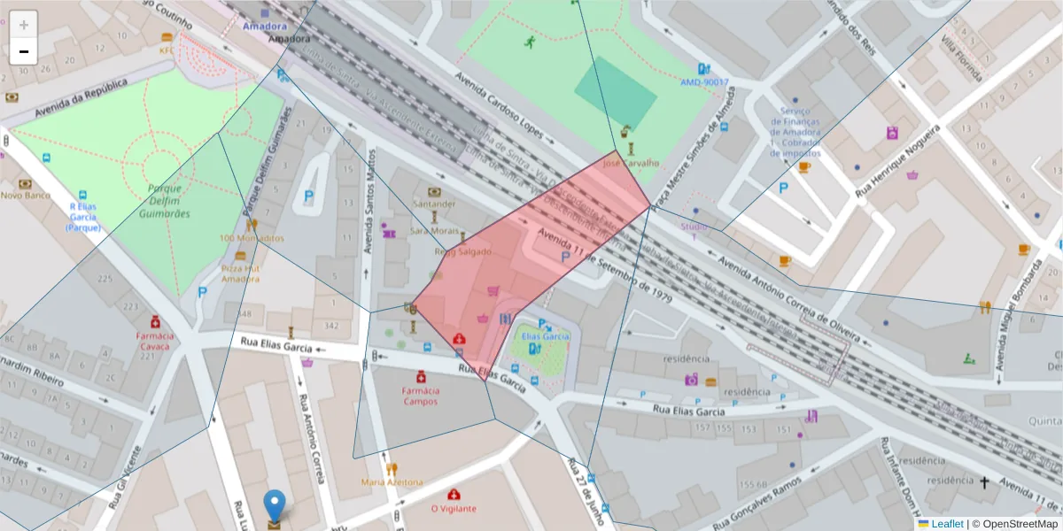 Mapa detalhado do código postal 2700-279 com limites, códigos postais vizinhos e agências dos correios