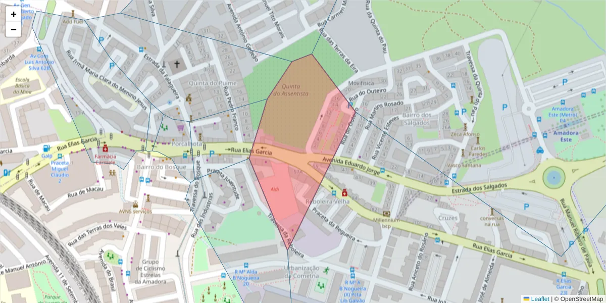 Mapa detalhado do código postal 2700-313 com limites, códigos postais vizinhos e agências dos correios