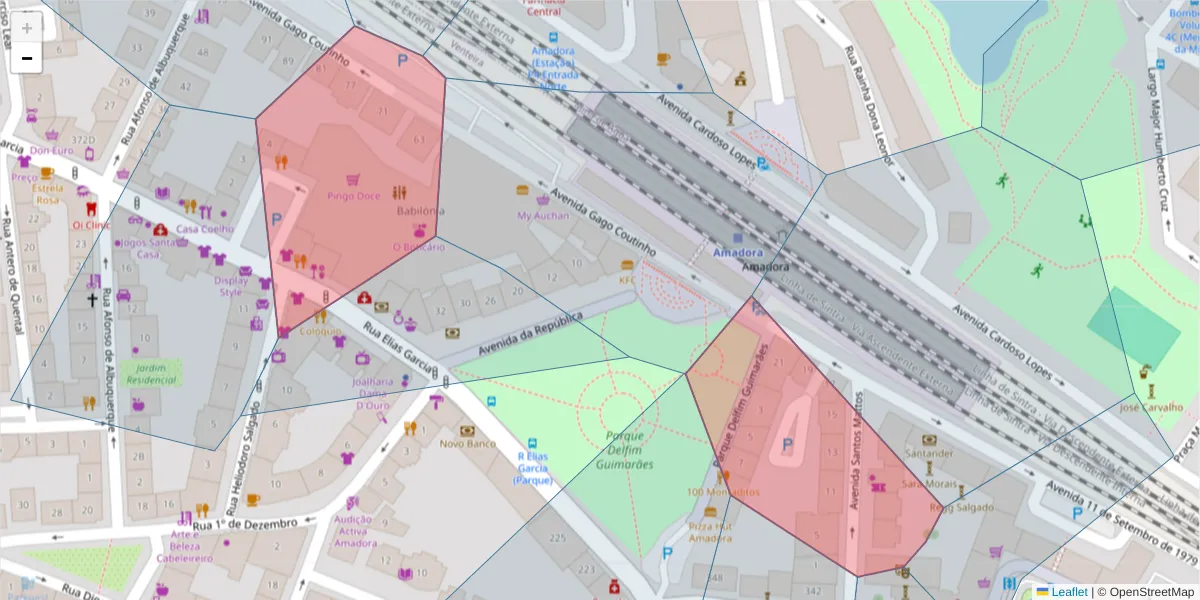 Mapa detalhado do código postal 2700-336 com limites, códigos postais vizinhos e agências dos correios