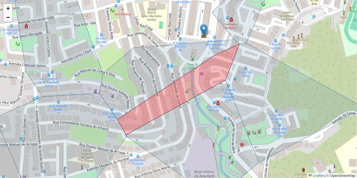 Mapa detalhado do código postal 2700-364 com limites, códigos postais vizinhos e agências dos correios