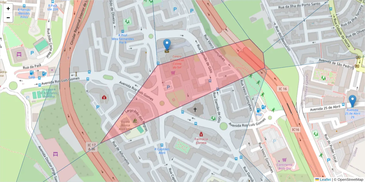 Mapa detalhado do código postal 2700-554 com limites, códigos postais vizinhos e agências dos correios