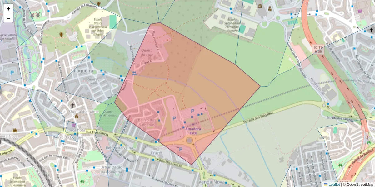 Mapa detalhado do código postal 2700-573 com limites, códigos postais vizinhos e agências dos correios
