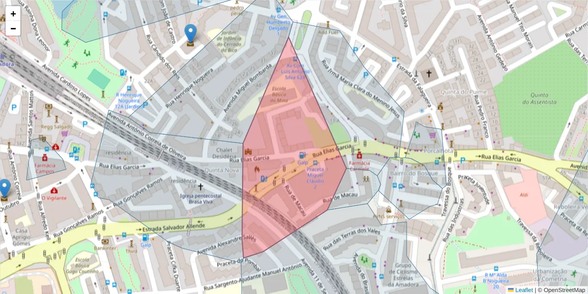 Mapa detalhado do código postal 2700-585 com limites, códigos postais vizinhos e agências dos correios