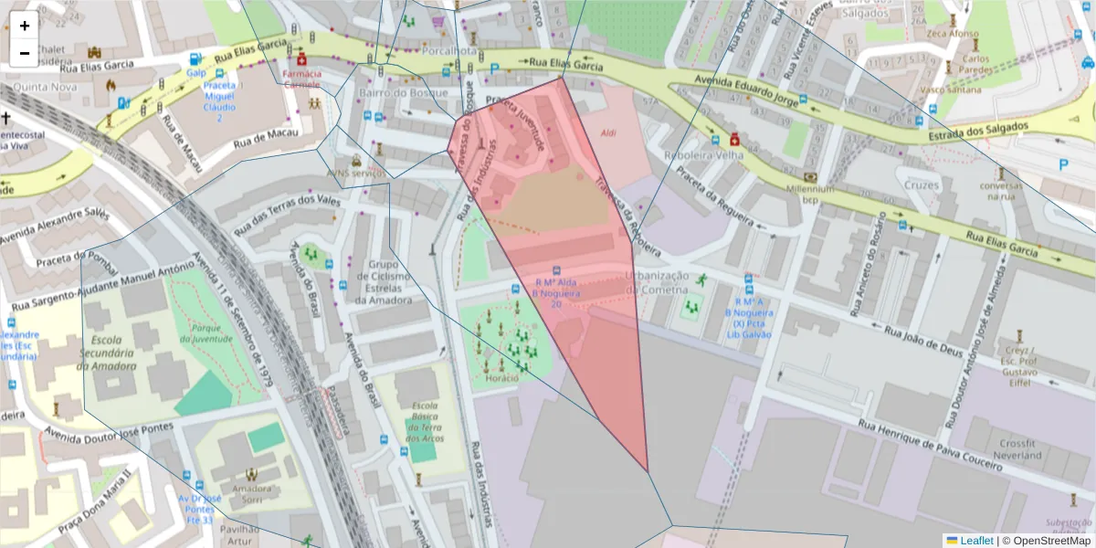 Mapa detalhado do código postal 2700-589 com limites, códigos postais vizinhos e agências dos correios