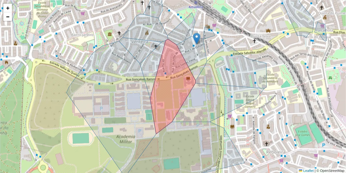 Mapa detalhado do código postal 2700-657 com limites, códigos postais vizinhos e agências dos correios
