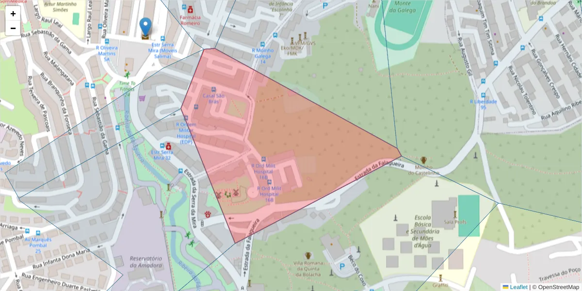 Mapa detalhado do código postal 2700-725 com limites, códigos postais vizinhos e agências dos correios