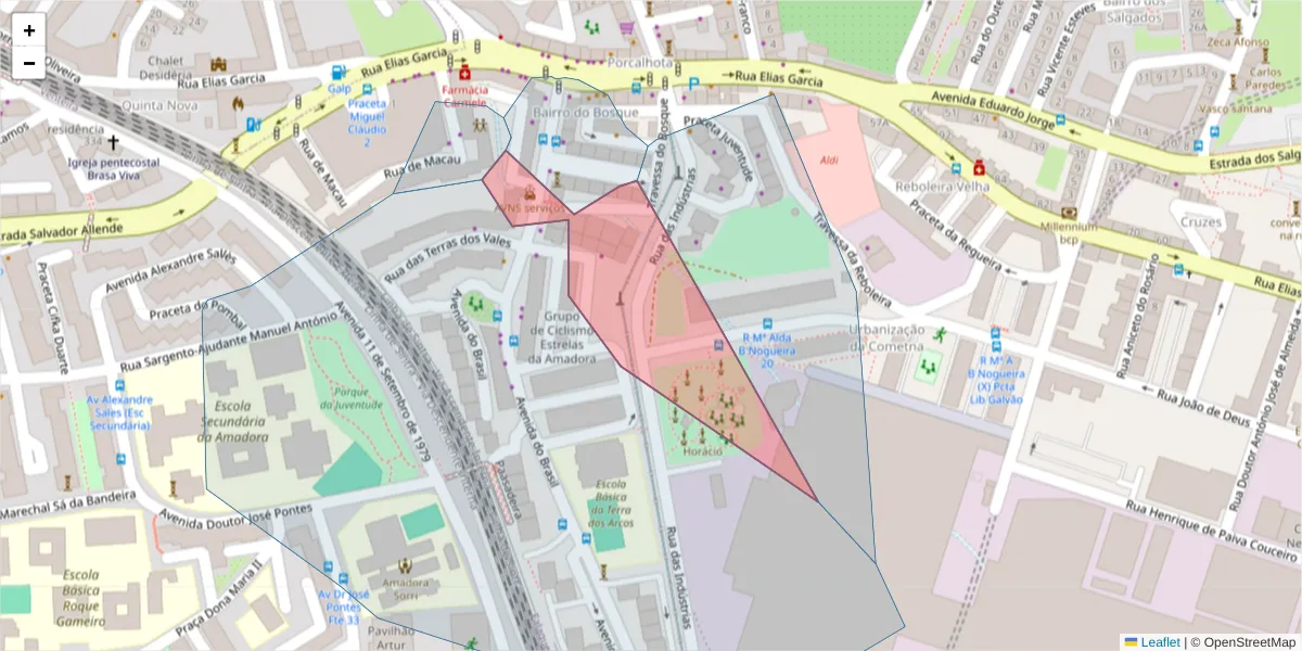 Mapa detalhado do código postal 2700-815 com limites, códigos postais vizinhos e agências dos correios