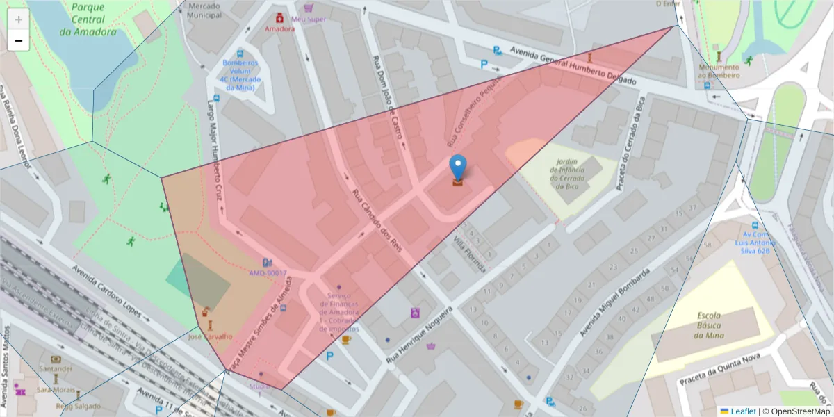 Mapa detalhado do código postal 2704-501 com limites, códigos postais vizinhos e agências dos correios