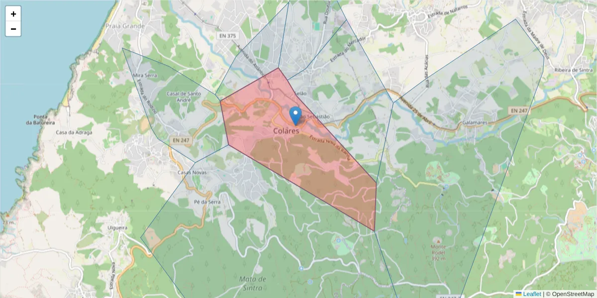 Mapa detalhado do código postal 2705-180 com limites, códigos postais vizinhos e agências dos correios