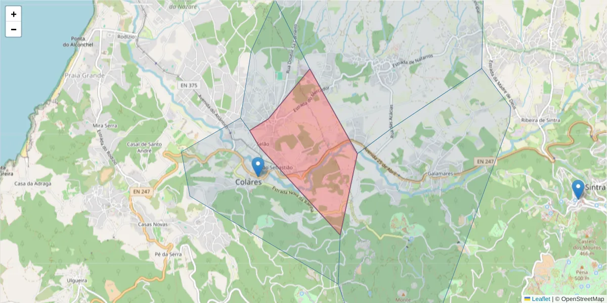 Mapa detalhado do código postal 2705-225 com limites, códigos postais vizinhos e agências dos correios