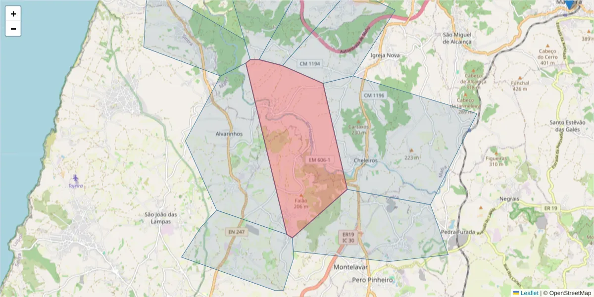 Mapa detalhado do código postal 2705-804 com limites, códigos postais vizinhos e agências dos correios