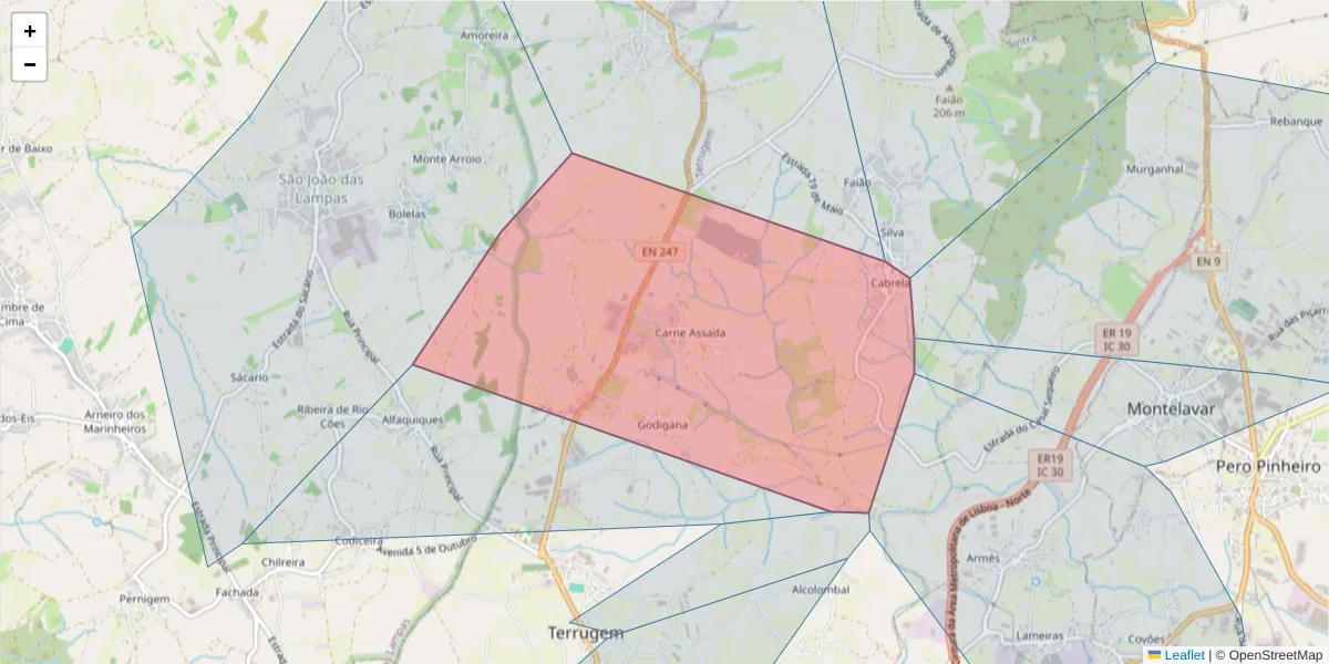 Mapa detalhado do código postal 2705-841 com limites, códigos postais vizinhos e agências dos correios