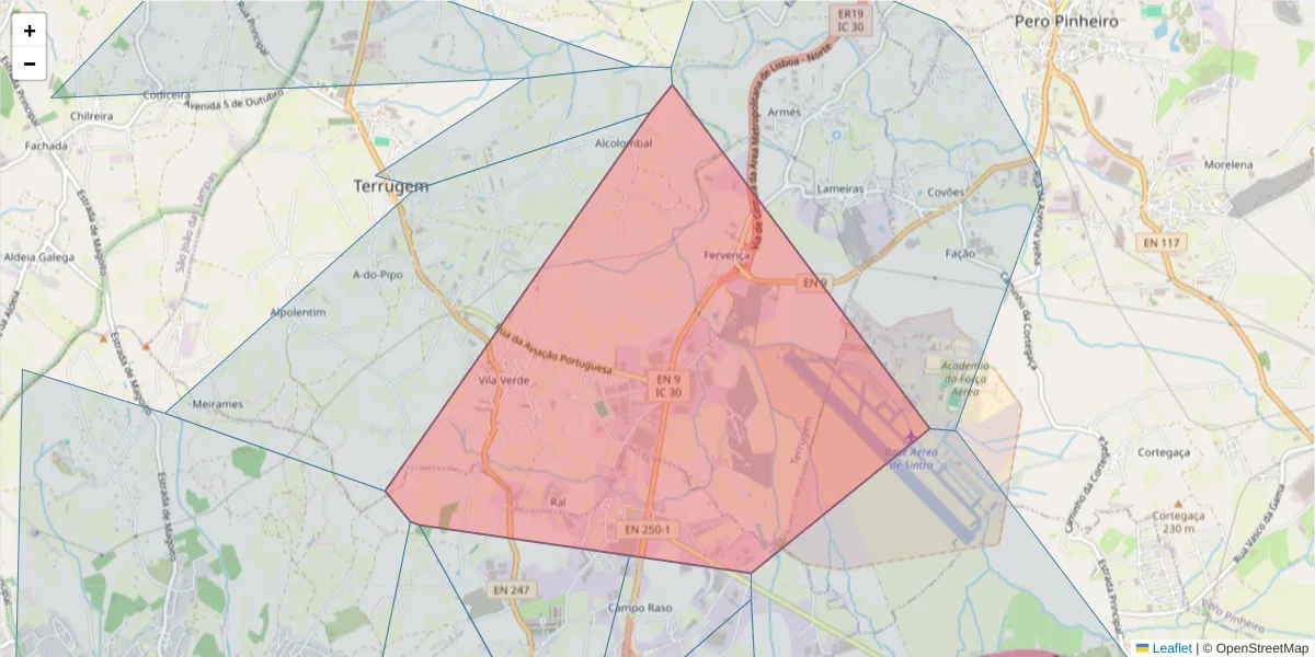 Mapa detalhado do código postal 2705-845 com limites, códigos postais vizinhos e agências dos correios