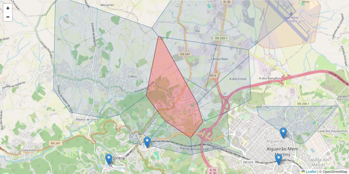 Mapa detalhado do código postal 2710-002 com limites, códigos postais vizinhos e agências dos correios