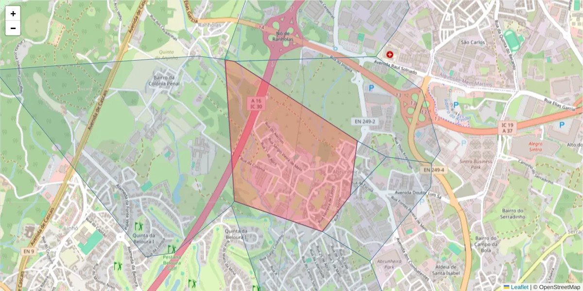 Mapa detalhado do código postal 2710-010 com limites, códigos postais vizinhos e agências dos correios