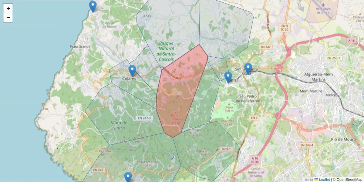 Mapa detalhado do código postal 2710-225 com limites, códigos postais vizinhos e agências dos correios