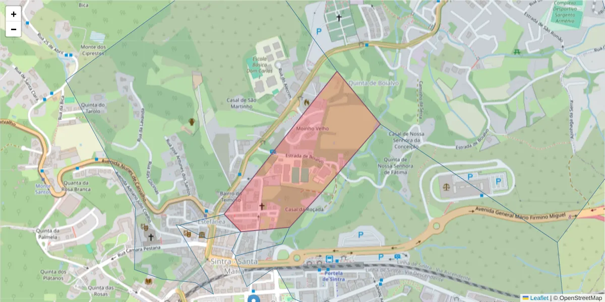 Mapa detalhado do código postal 2710-627 com limites, códigos postais vizinhos e agências dos correios