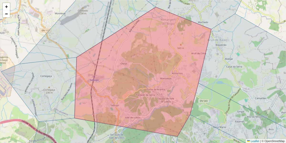 Mapa detalhado do código postal 2715-125 com limites, códigos postais vizinhos e agências dos correios