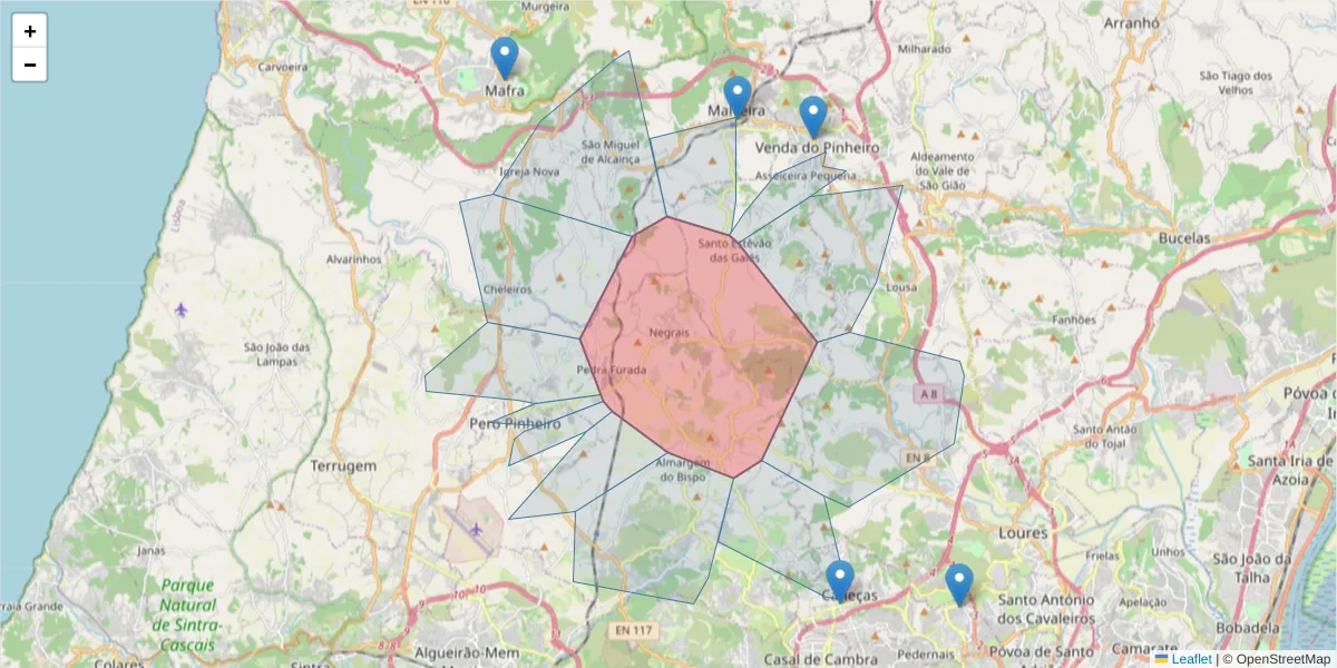 Mapa detalhado do código postal 2715-351 com limites, códigos postais vizinhos e agências dos correios
