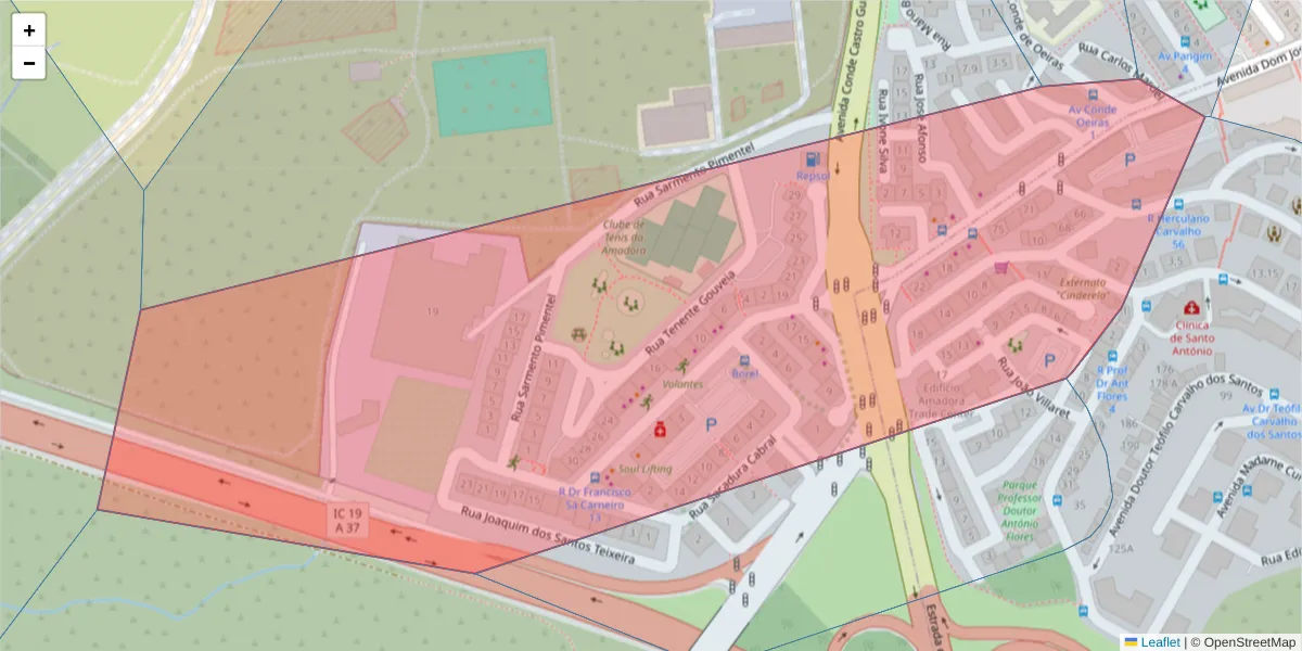 Mapa detalhado do código postal 2720-054 com limites, códigos postais vizinhos e agências dos correios
