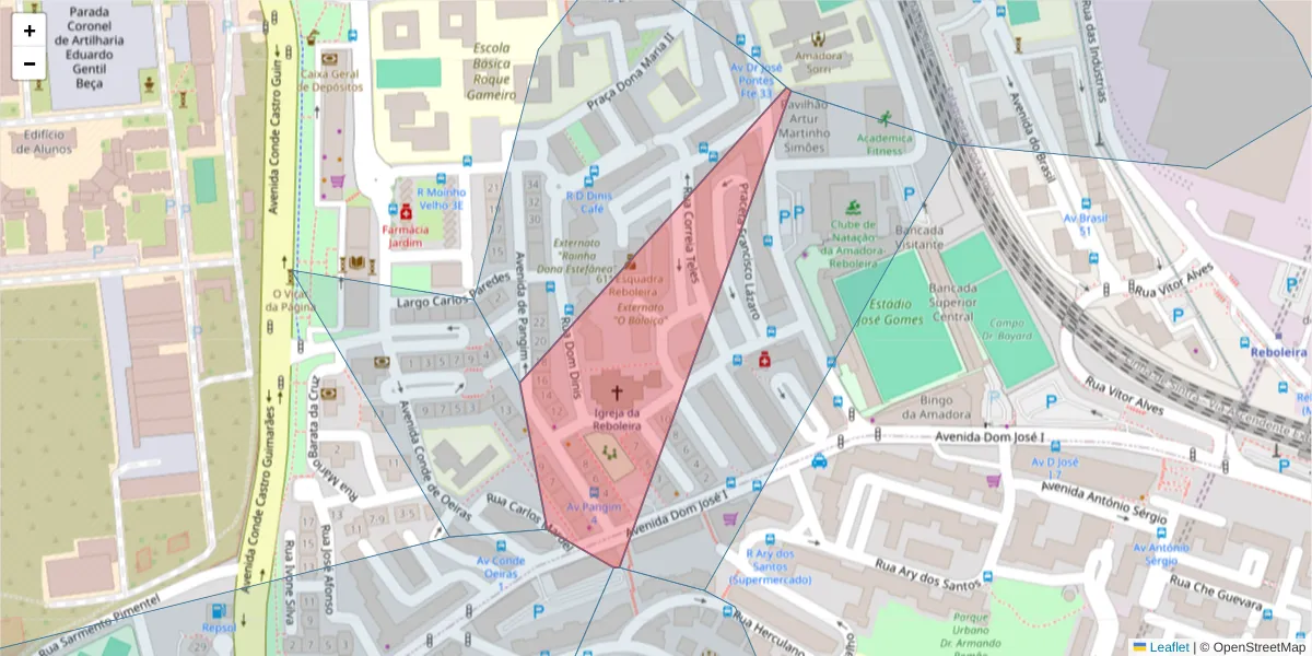Mapa detalhado do código postal 2720-136 com limites, códigos postais vizinhos e agências dos correios