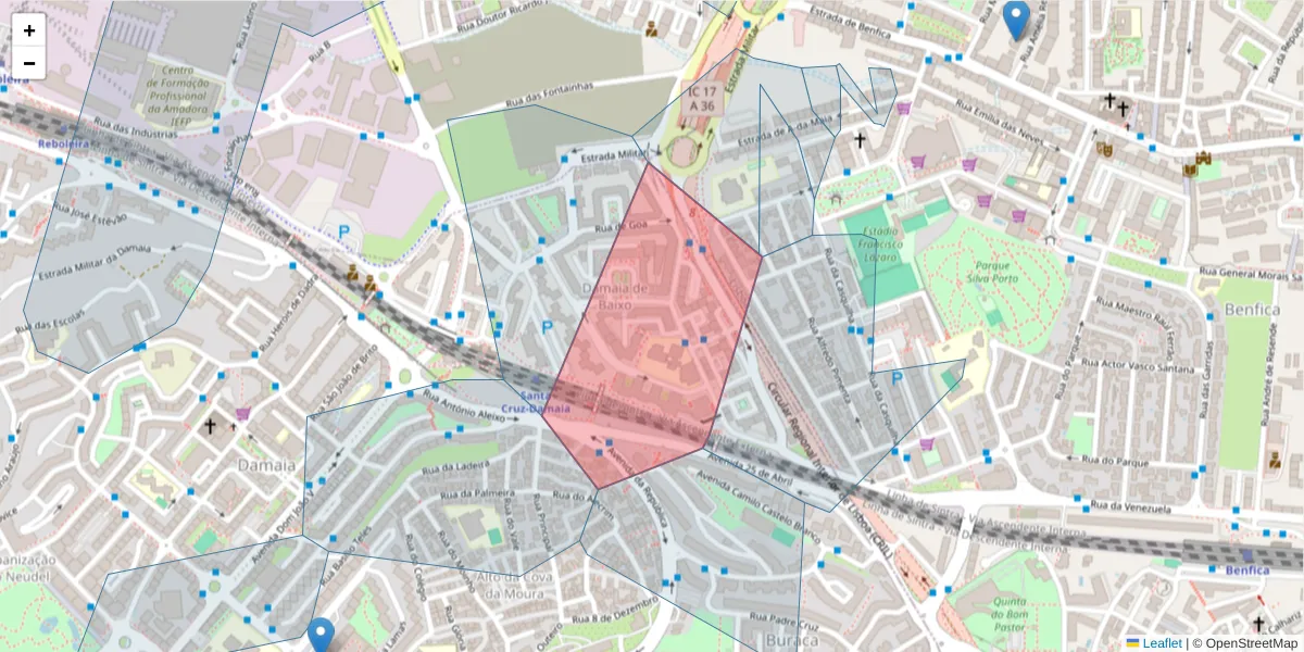 Mapa detalhado do código postal 2720-154 com limites, códigos postais vizinhos e agências dos correios