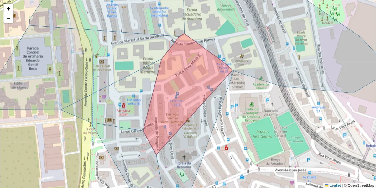 Mapa detalhado do código postal 2720-163 com limites, códigos postais vizinhos e agências dos correios