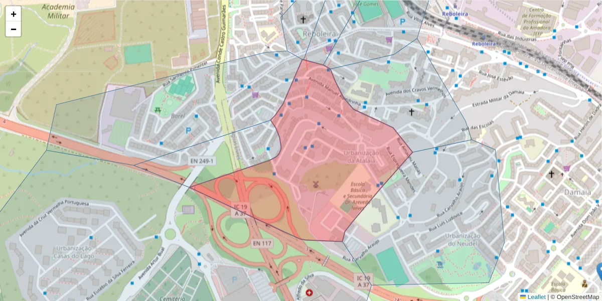 Mapa detalhado do código postal 2720-211 com limites, códigos postais vizinhos e agências dos correios