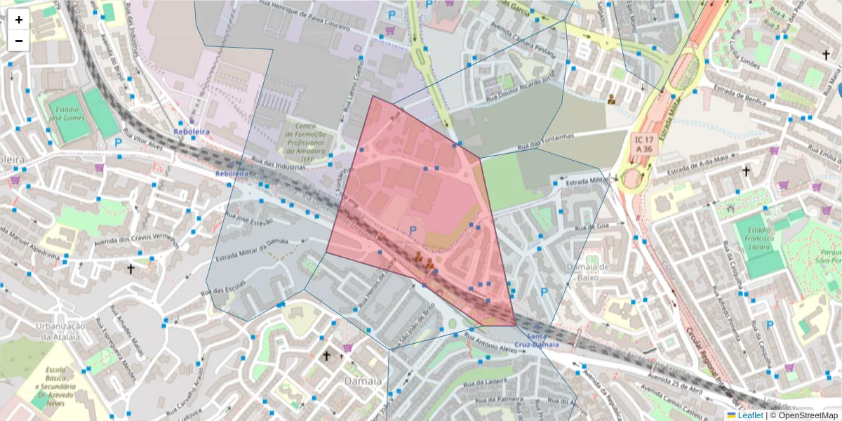Mapa detalhado do código postal 2720-797 com limites, códigos postais vizinhos e agências dos correios