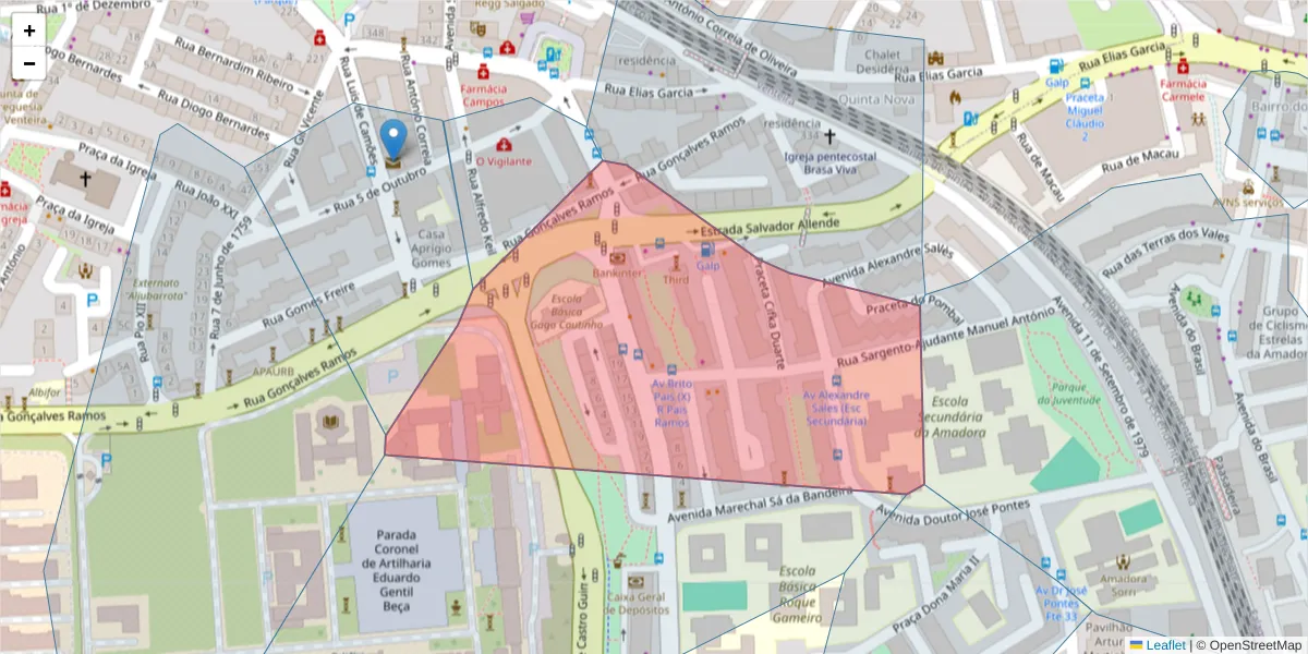 Mapa detalhado do código postal 2720 com limites, códigos postais vizinhos e agências dos correios