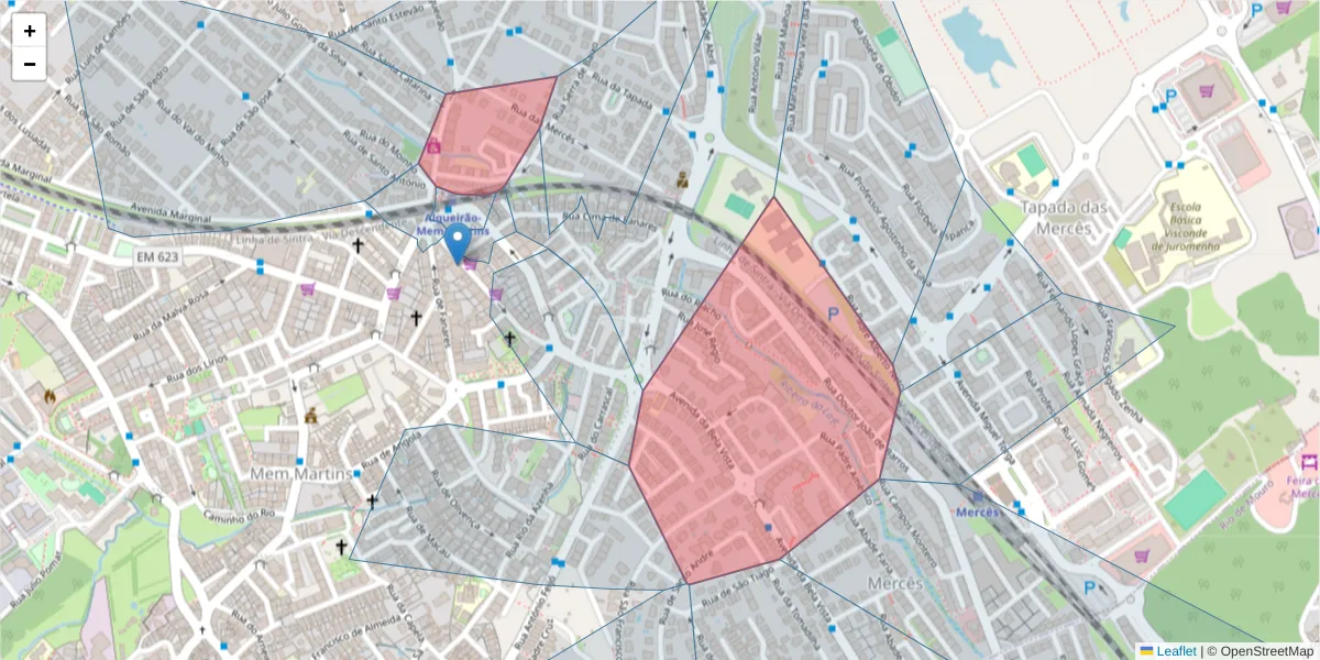 Mapa detalhado do código postal 2725-079 com limites, códigos postais vizinhos e agências dos correios