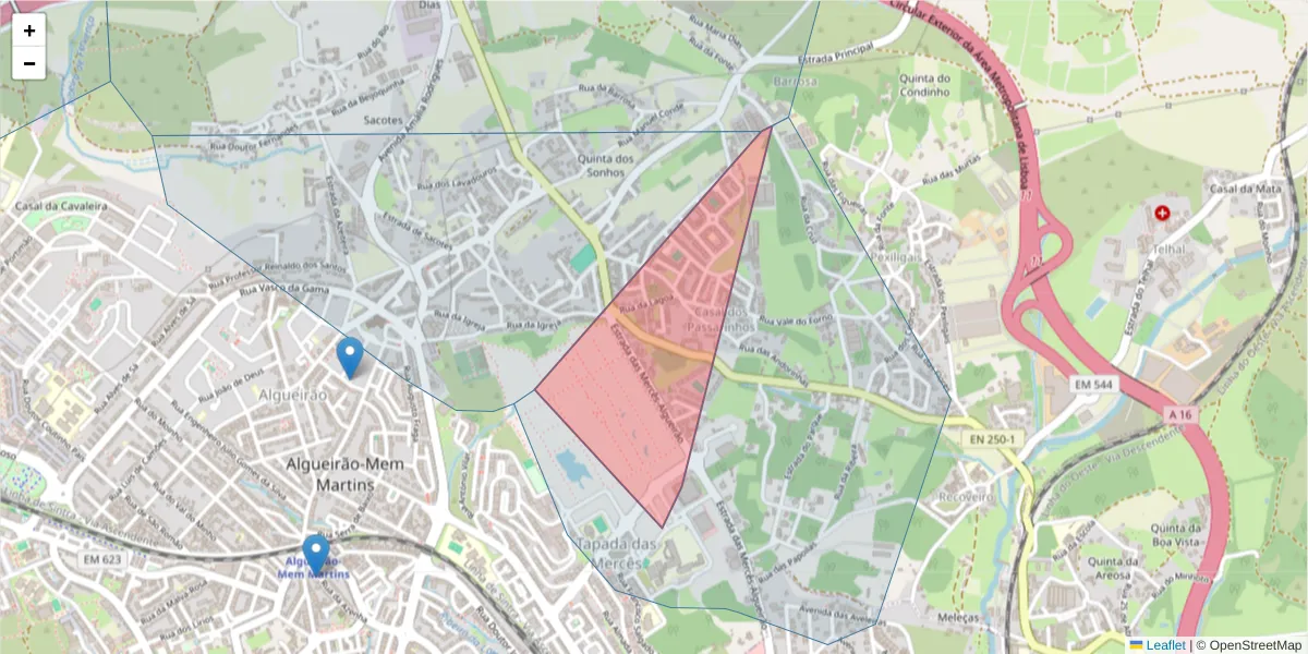 Mapa detalhado do código postal 2725-088 com limites, códigos postais vizinhos e agências dos correios