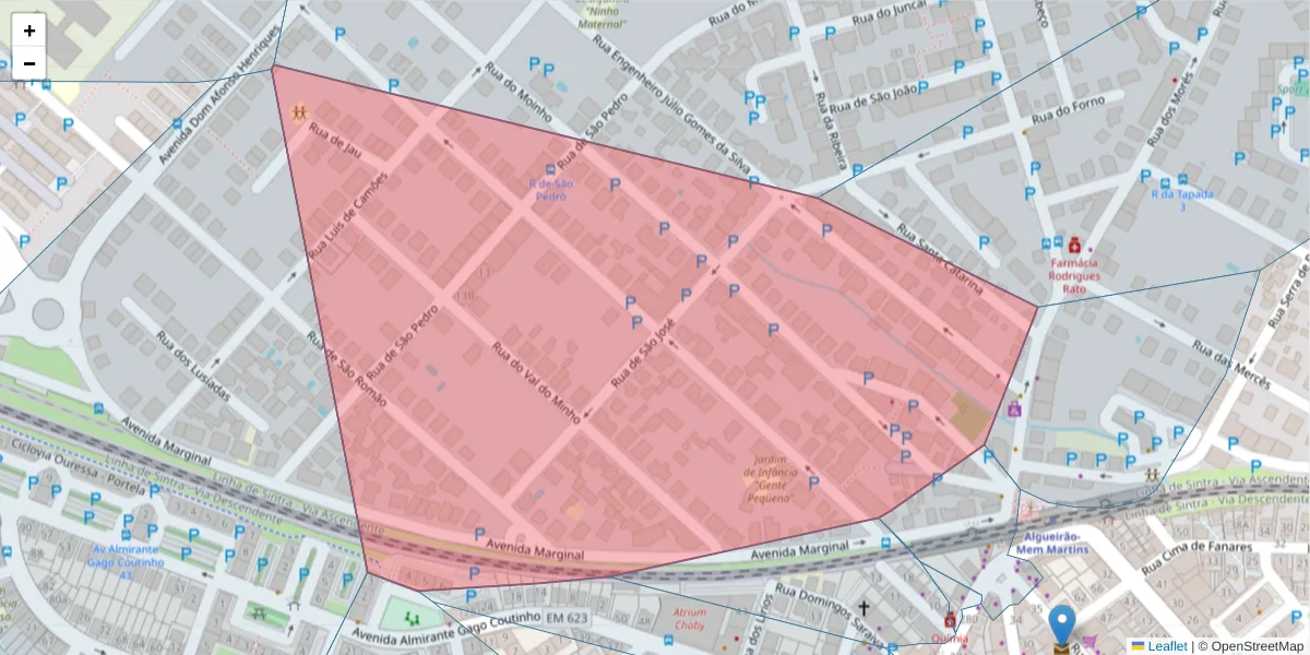 Mapa detalhado do código postal 2725-127 com limites, códigos postais vizinhos e agências dos correios