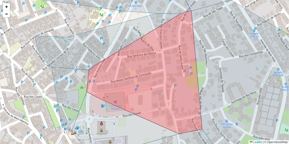 Mapa detalhado do código postal 2725-166 com limites, códigos postais vizinhos e agências dos correios