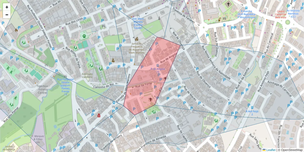 Mapa detalhado do código postal 2725-219 com limites, códigos postais vizinhos e agências dos correios