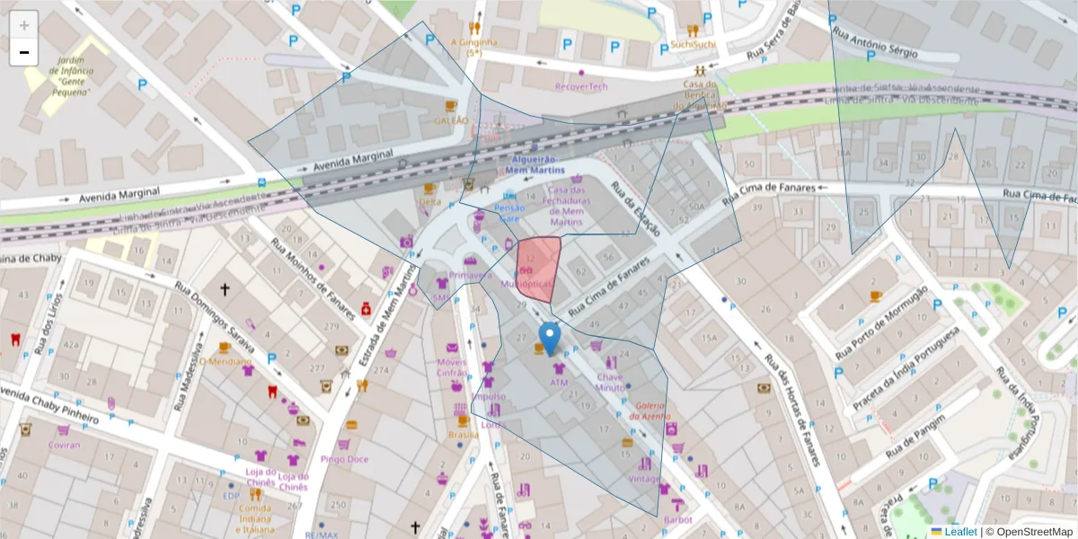 Mapa detalhado do código postal 2725-231 com limites, códigos postais vizinhos e agências dos correios