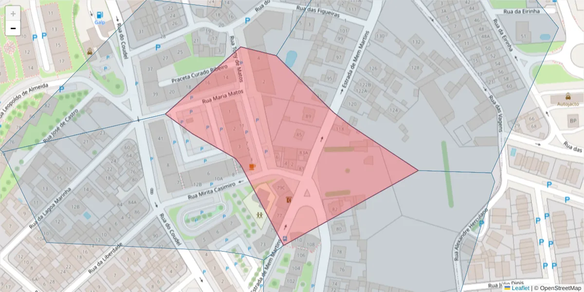 Mapa detalhado do código postal 2725-233 com limites, códigos postais vizinhos e agências dos correios