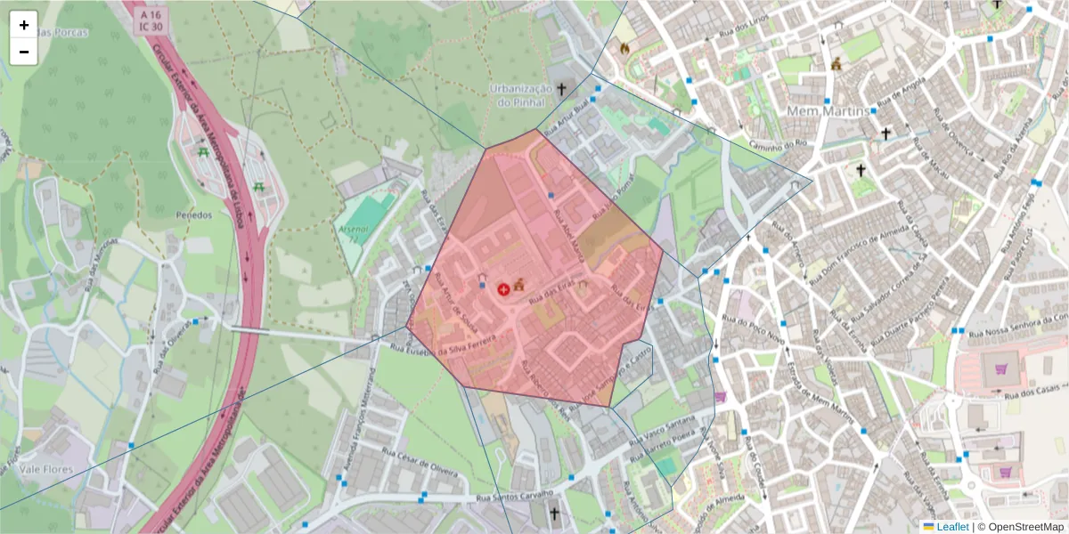 Mapa detalhado do código postal 2725-239 com limites, códigos postais vizinhos e agências dos correios