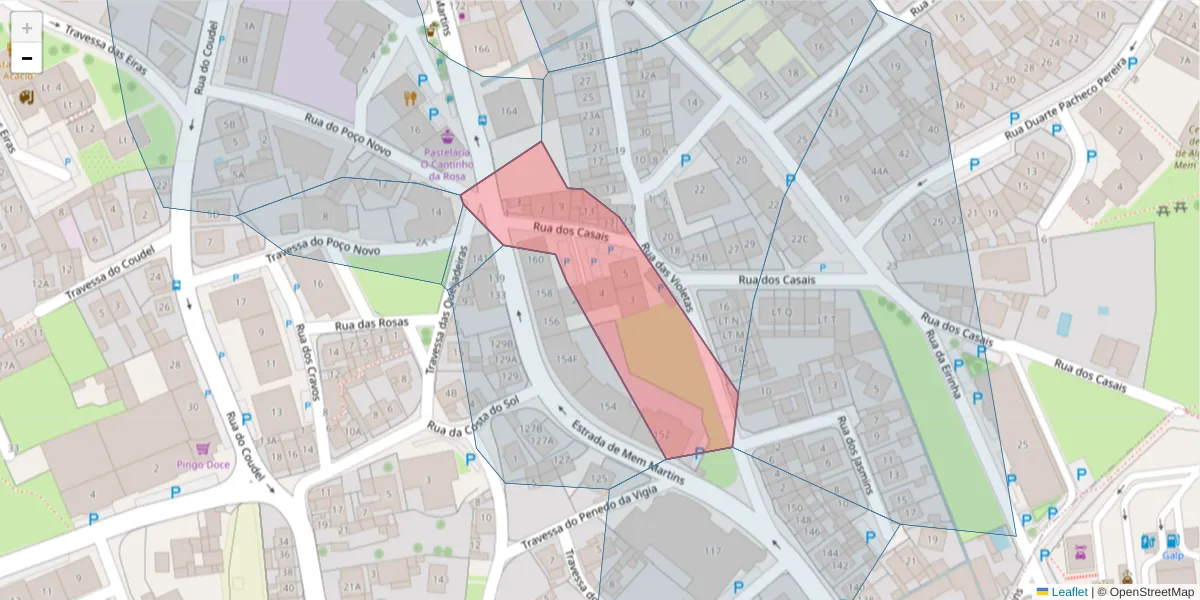Mapa detalhado do código postal 2725-261 com limites, códigos postais vizinhos e agências dos correios