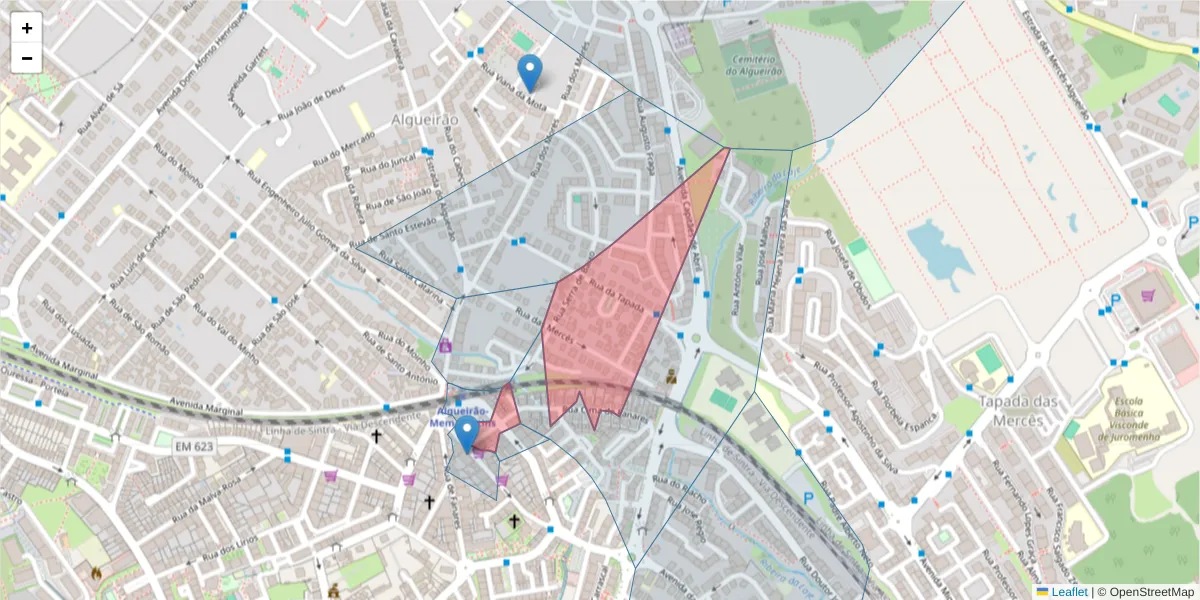 Mapa detalhado do código postal 2725-268 com limites, códigos postais vizinhos e agências dos correios