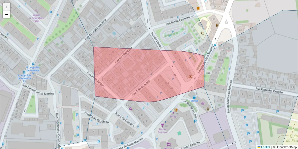 Mapa detalhado do código postal 2725-275 com limites, códigos postais vizinhos e agências dos correios