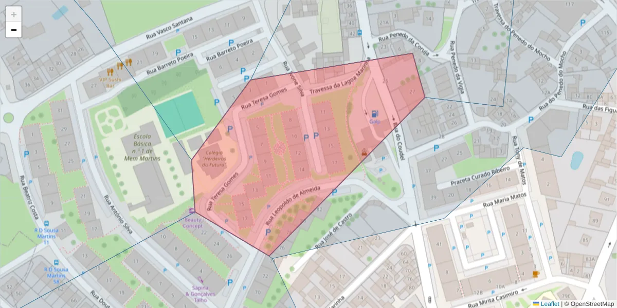 Mapa detalhado do código postal 2725-276 com limites, códigos postais vizinhos e agências dos correios