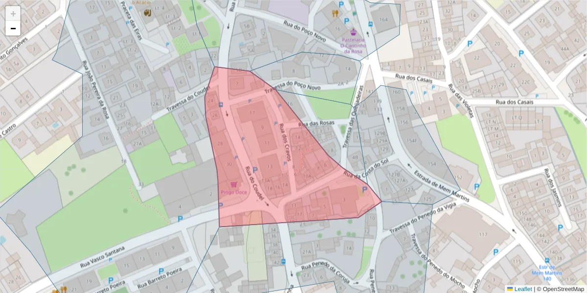 Mapa detalhado do código postal 2725-279 com limites, códigos postais vizinhos e agências dos correios