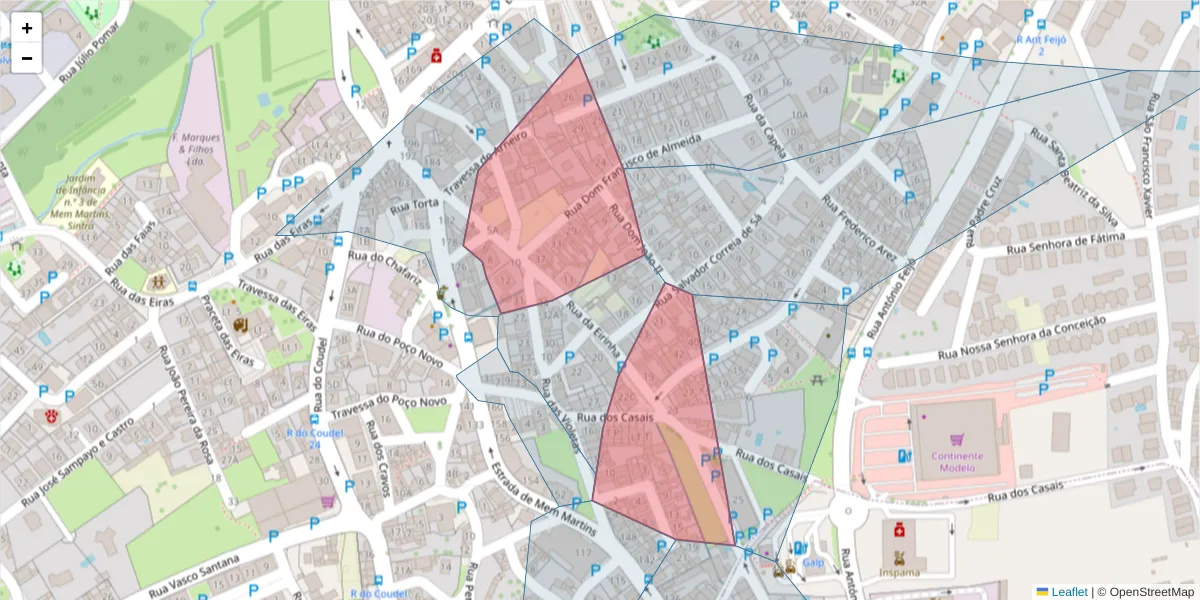 Mapa detalhado do código postal 2725-299 com limites, códigos postais vizinhos e agências dos correios