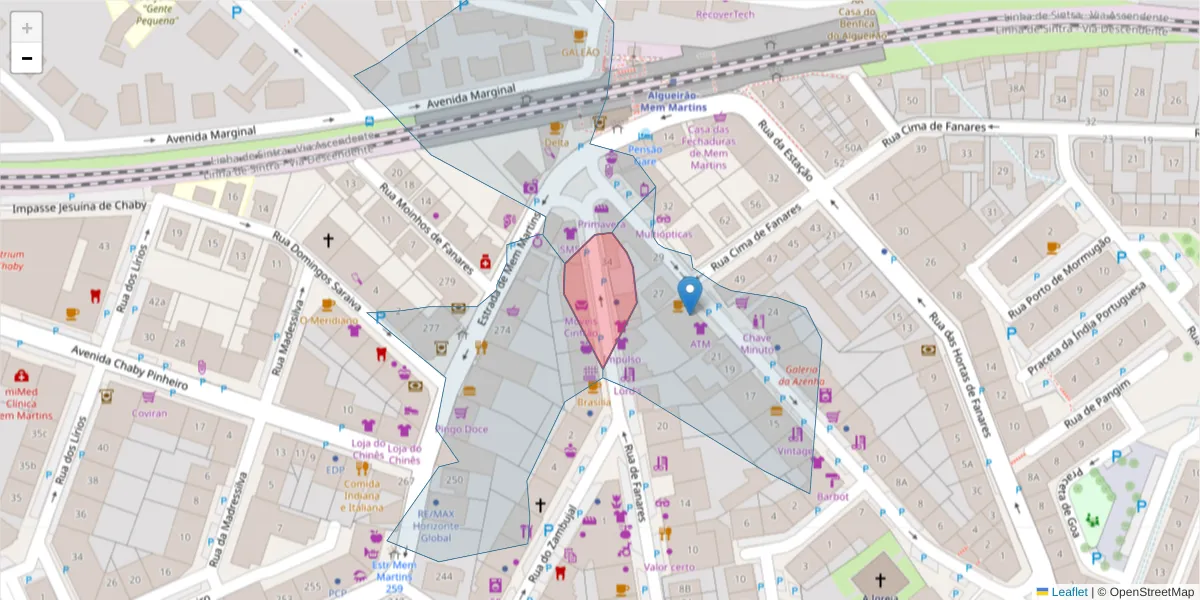 Mapa detalhado do código postal 2725-306 com limites, códigos postais vizinhos e agências dos correios