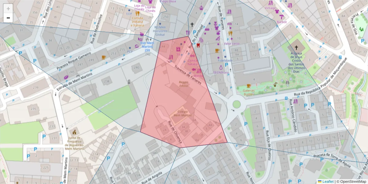 Mapa detalhado do código postal 2725-308 com limites, códigos postais vizinhos e agências dos correios